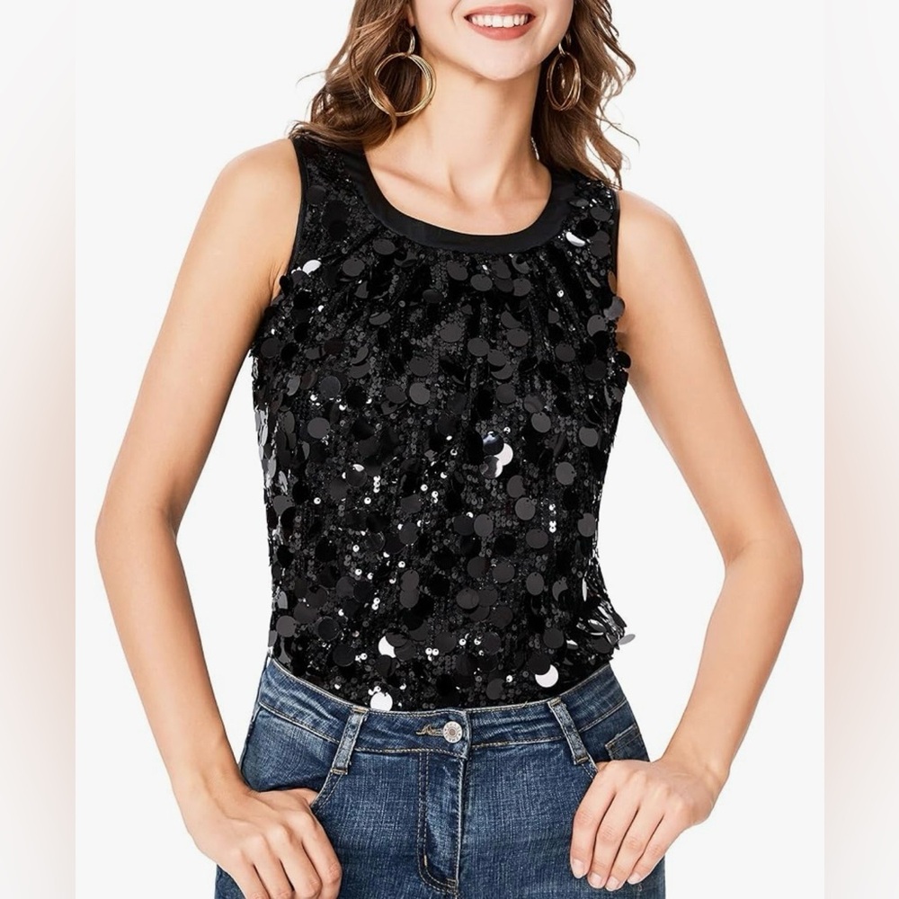 Women's Sequin Tank Top Sleeveless Crewneck Sparkle Blouse Holiday Party